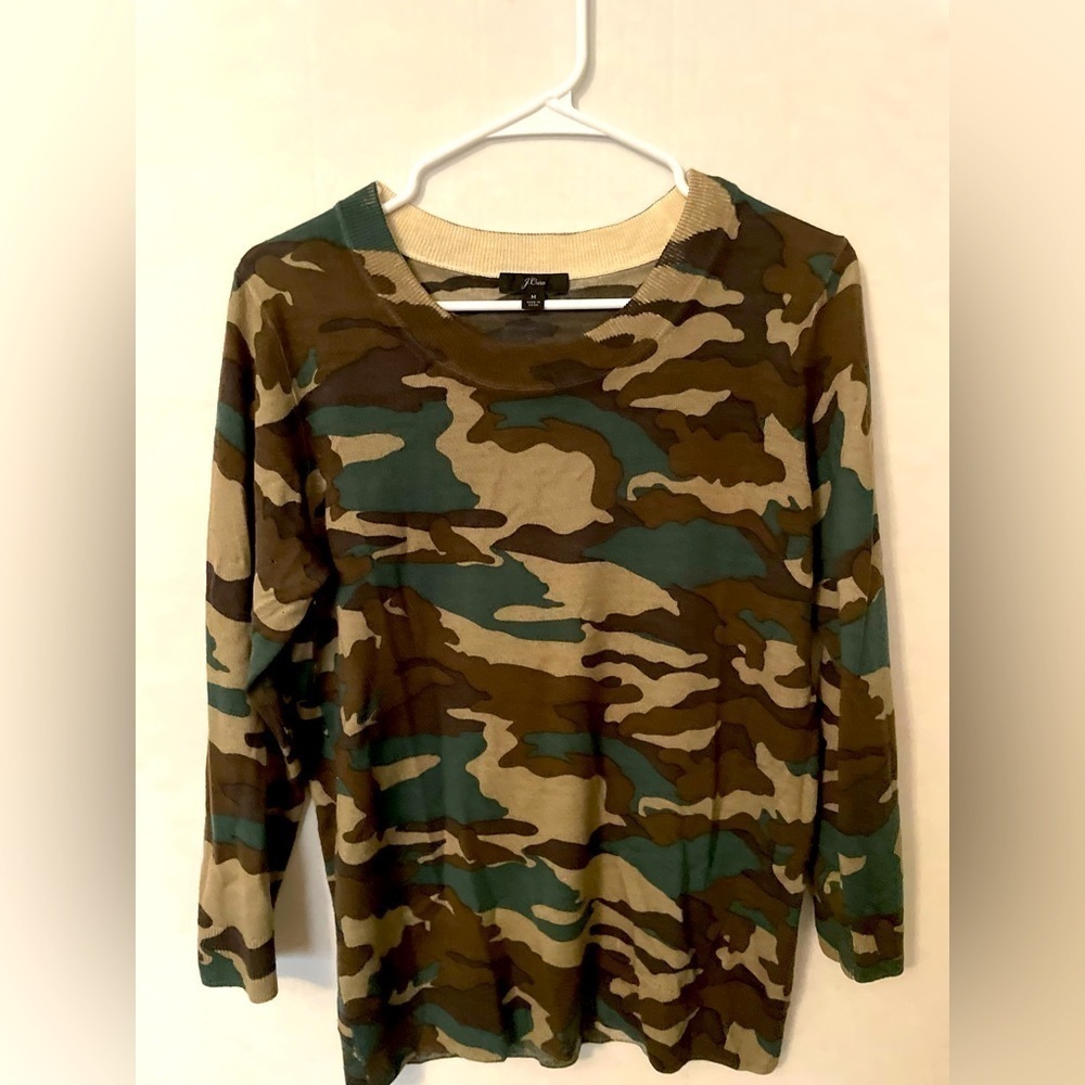 J. Crew Knit Sweater Women's M Green Camo 100% Merino Wool Crewneck Lightweight